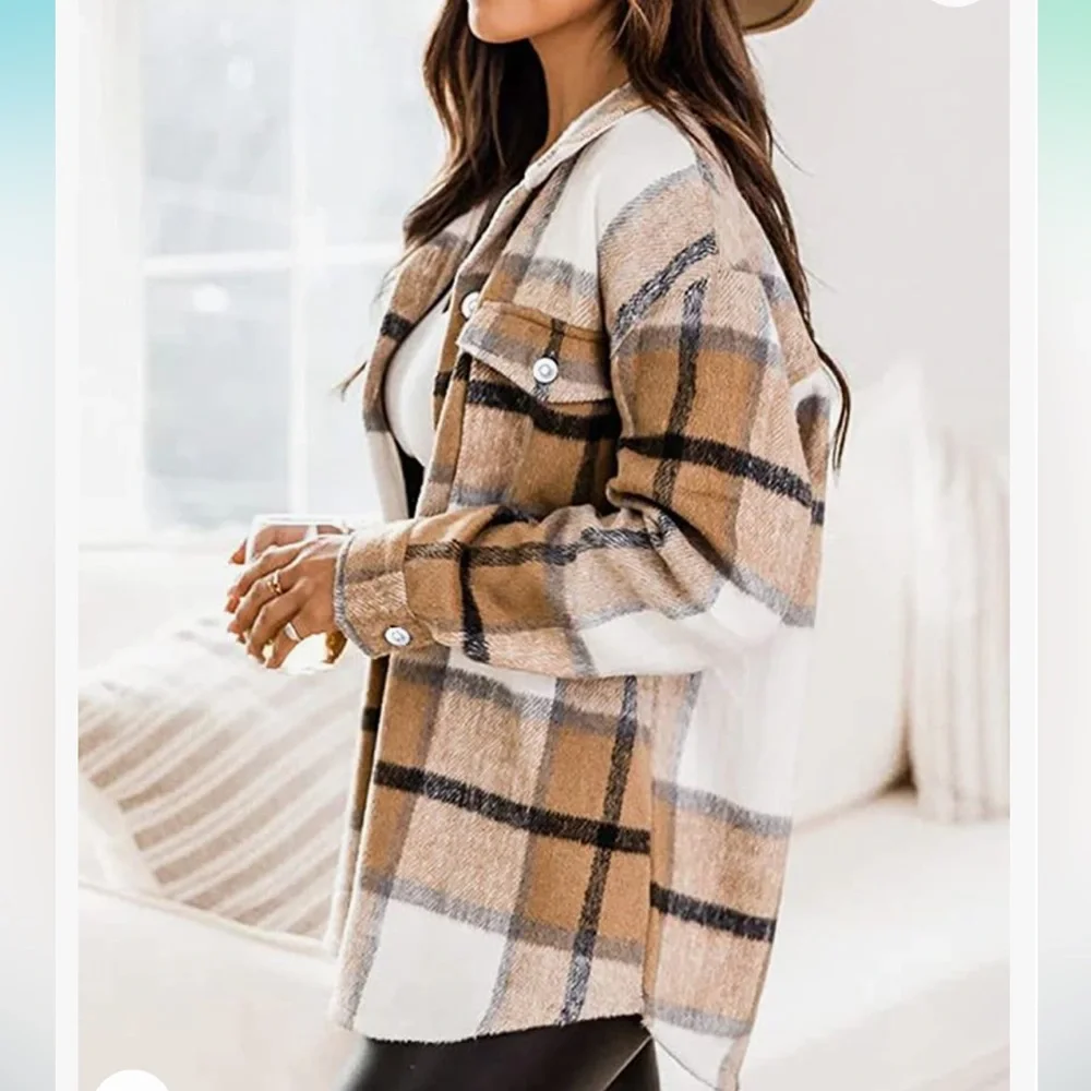 Womens Plaid Long Sleeve Lapel Button Short Pocketed Flannel Shackets Overshirt - Picture 2 of 14